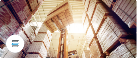 A room scene of warehouse full of floor planks on the shelves.